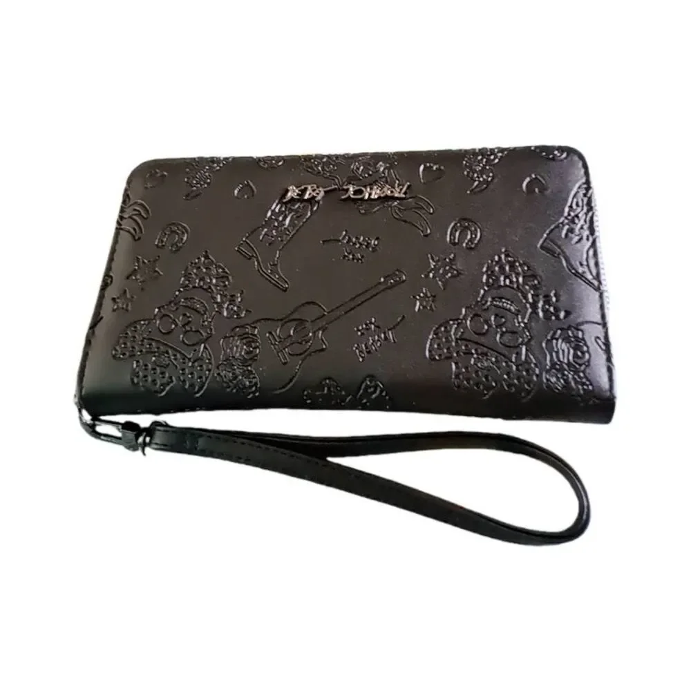 NWT~BETSEY JOHNSON Black Skull Western Deboss Vegan Leather Zip Wristlet Wallet